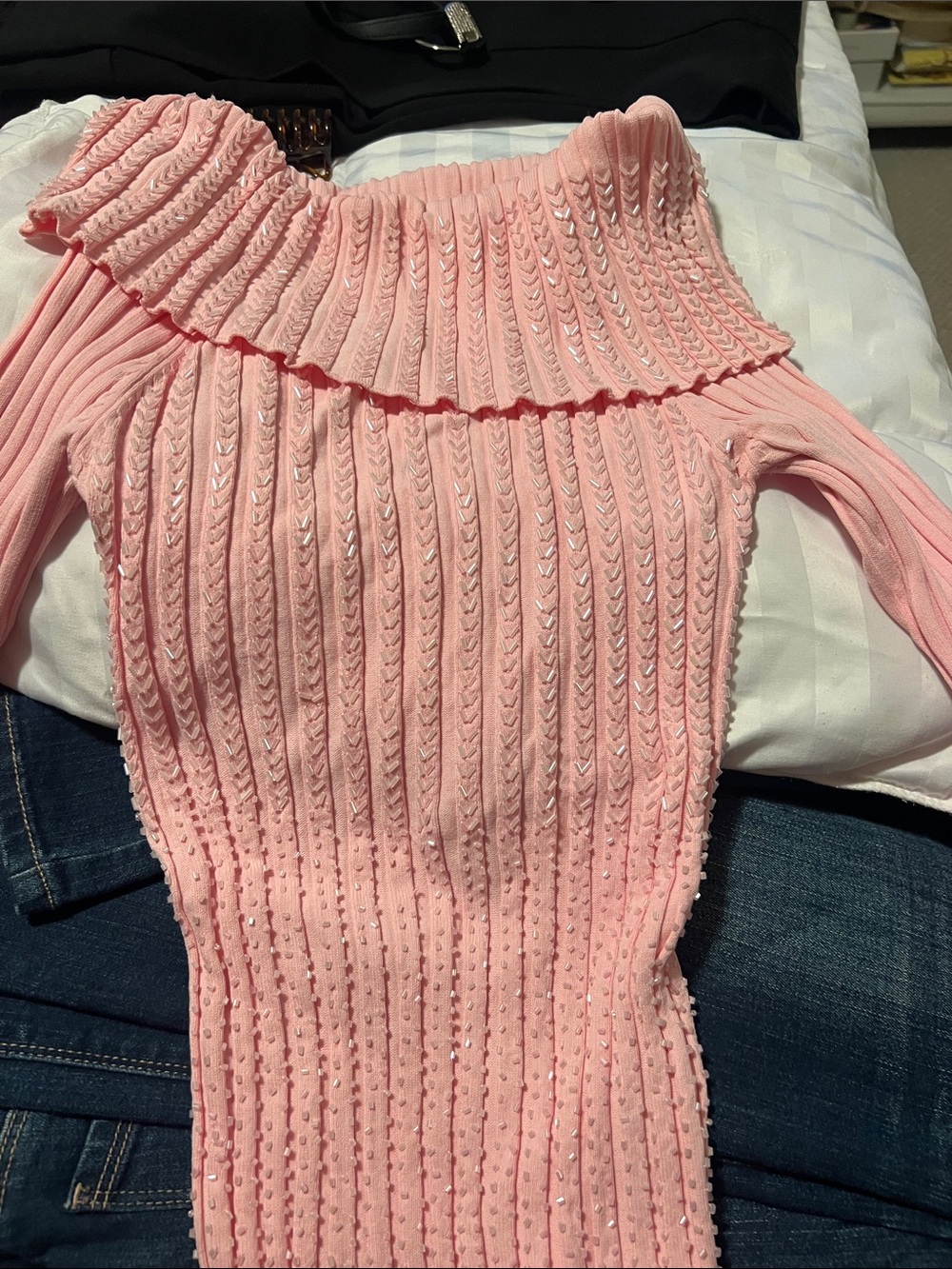 Cache Blush Pink Ribbed Off-Shoulder Sweater